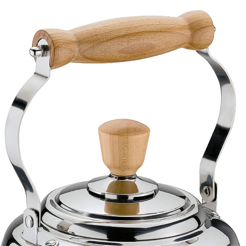 Cilio غلاية ماء سيليو تقليدية من الفولاذ المقاوم للصدأ، غلاية موقد مع مقابض خشبية، سعة 2.6 كوارت، فضي - Image 2